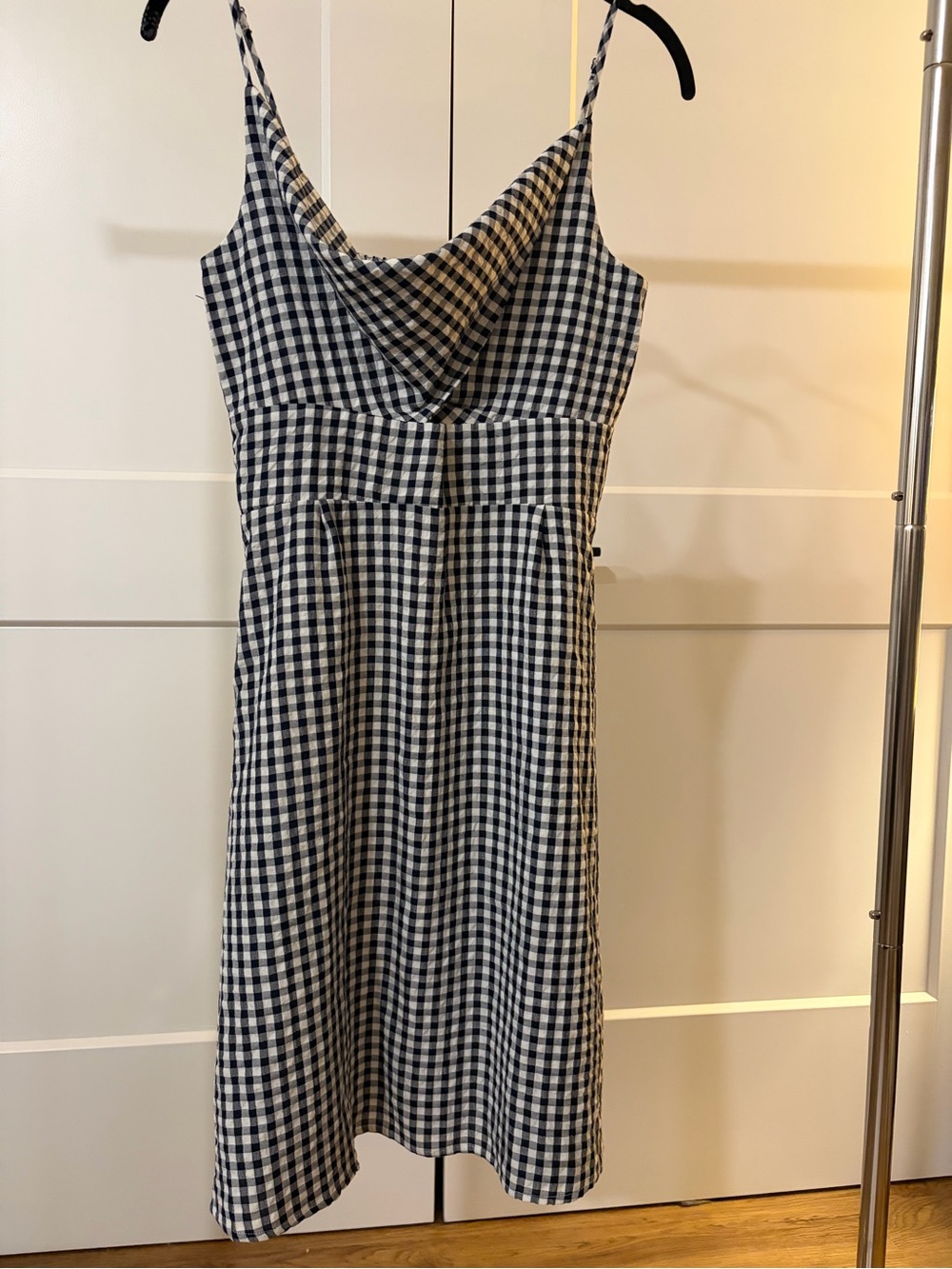 LOFT Navy Blue and White Gingham Midi Dress with Cowl Neck anCenter Cut-Out.